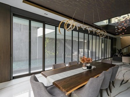insect-screen Workplace lounge interior with oak slat wall and leather bench